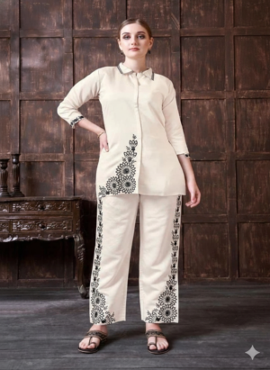 Off-White Poly Rayon Printed Cord Set