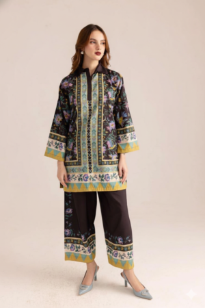 Poly Rayon Black Printed Cord Set