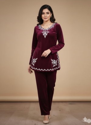 Wine Embroidered Velvet Cord Set