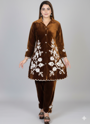 Stylish Brown Floral Embroidered Velvet Cord Set