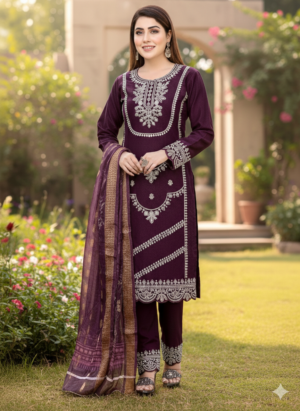 Roman Glass Embroidered Kurti Set with Print Dupatta